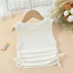 E-BAIHUI White Girl's Tank Top Elastic Waist Design Tshirt Short Style Girl's Solid Color Sleeveless Round Neck T-shirt with Bow