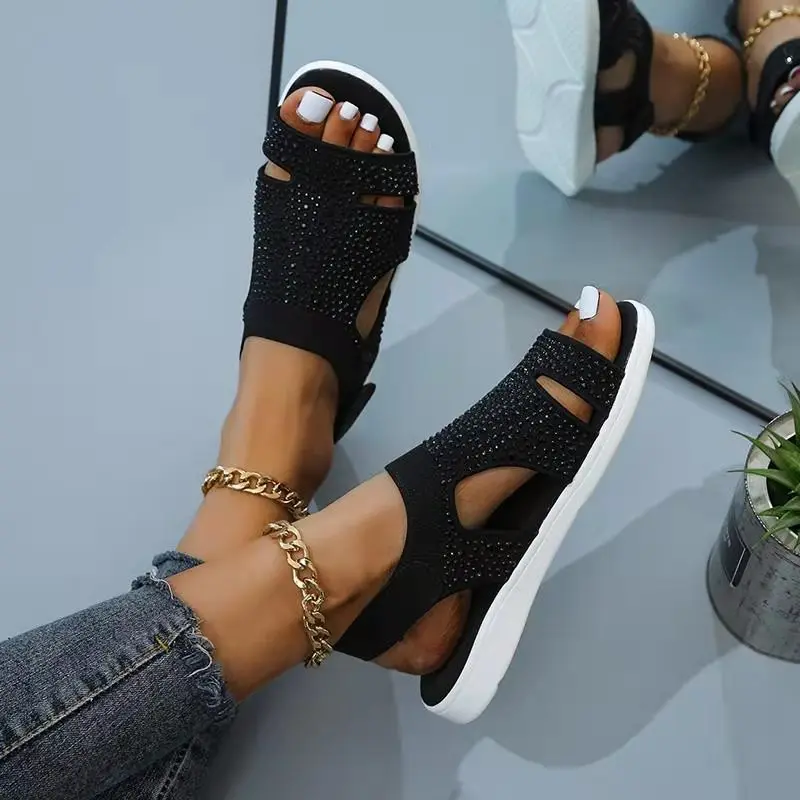 New Summer Women Sandals fashion Stretch flying weave Rhinestone Casual Woman Flats 2022 Ladies Beach Shoe Big size 36-43