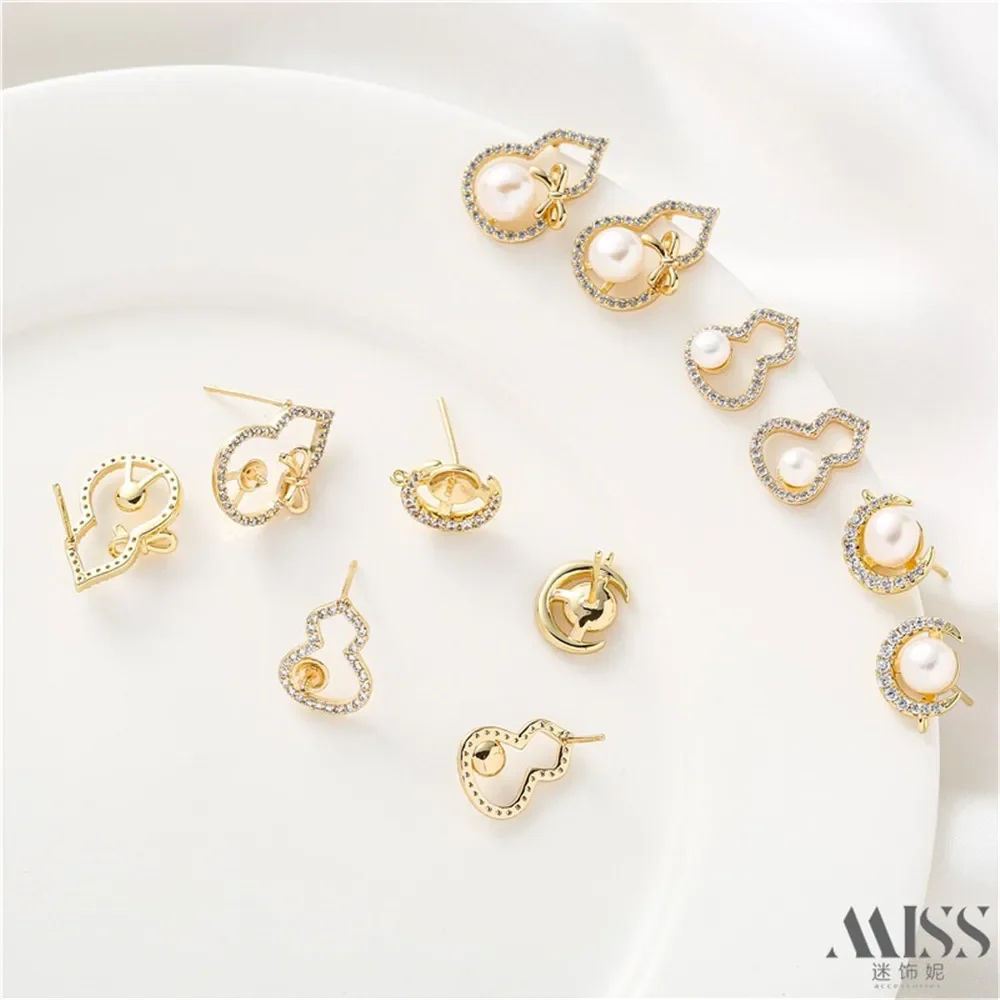 18K Gold-plated Bow Closed Ring Moon Hollow Holder Diamond Studded Gourd Earrings with 925 Silver Needles DIY Earring Accessorie