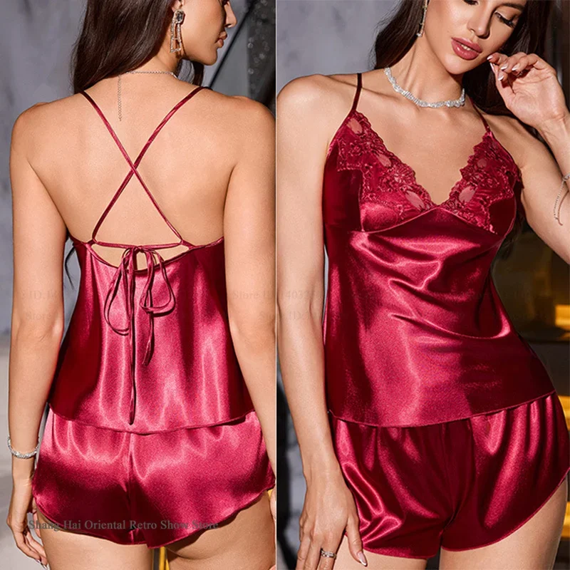 

Sexy Lace Lingerie Suspender Pajamas Set Sleepwear Summer New Women's Sleepwear Cami Shorts Pijamas Suit Silky Satin Homewear