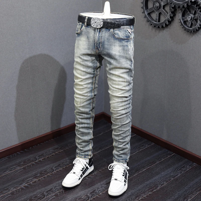 Fashion Designer Trendy Men Jeans Retro Washed Blue Elastic Slim Fit Ripped Jeans Men Trousers Vintage Casual Denim Pants Hombre