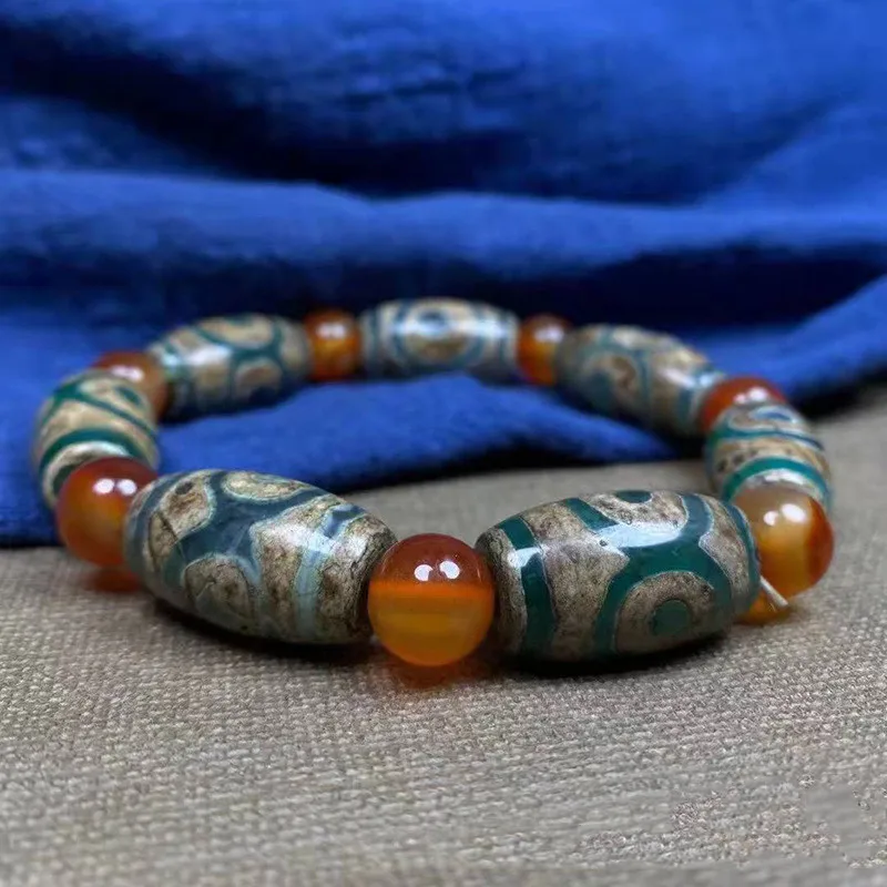 Natural Tibetan Old Agate Three Eye DZi Bracelet, Men's and Women's Simple