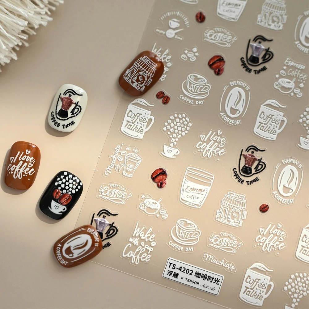 Graffit Koffiebonen Koffiepotten Coffeeshops Afternoon Moments 3D Zelfklevende Nail Art Stickers Cake Dessert Manicure Decals