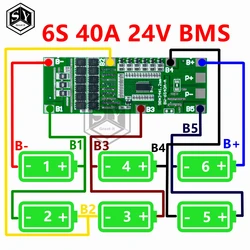 24V 6S 40A 18650 Li-Ion Lithium Battery Poretect Board Solar Lighting BMS PCB with Balance for Ebike Scooter
