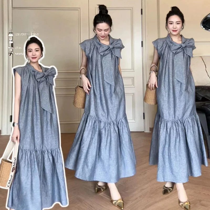 abito-estivo-nuovo-con-scollo-rotondo-nodo-texture-in-lino-e-cotone-vestibilita-ampia-e-snellente-stile-coreano-abito-premaman-gonna-a-trapezio