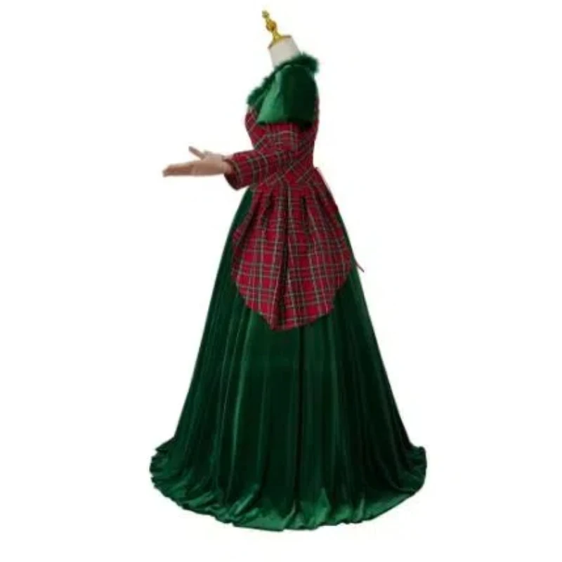 Victorian Scottish Plaid Green Velvet Dress 1880s Renaissance Court Princess Costume Halloween Christmas Theatre Stage Show Gown