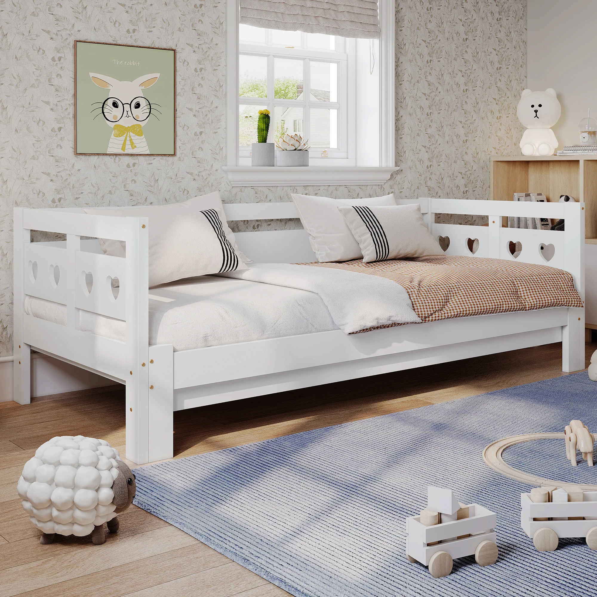 Lit gigogne 90x190 cm - Lit banquette avec motif cœur - Pin massif et MDF - Sans matelas - Blanc