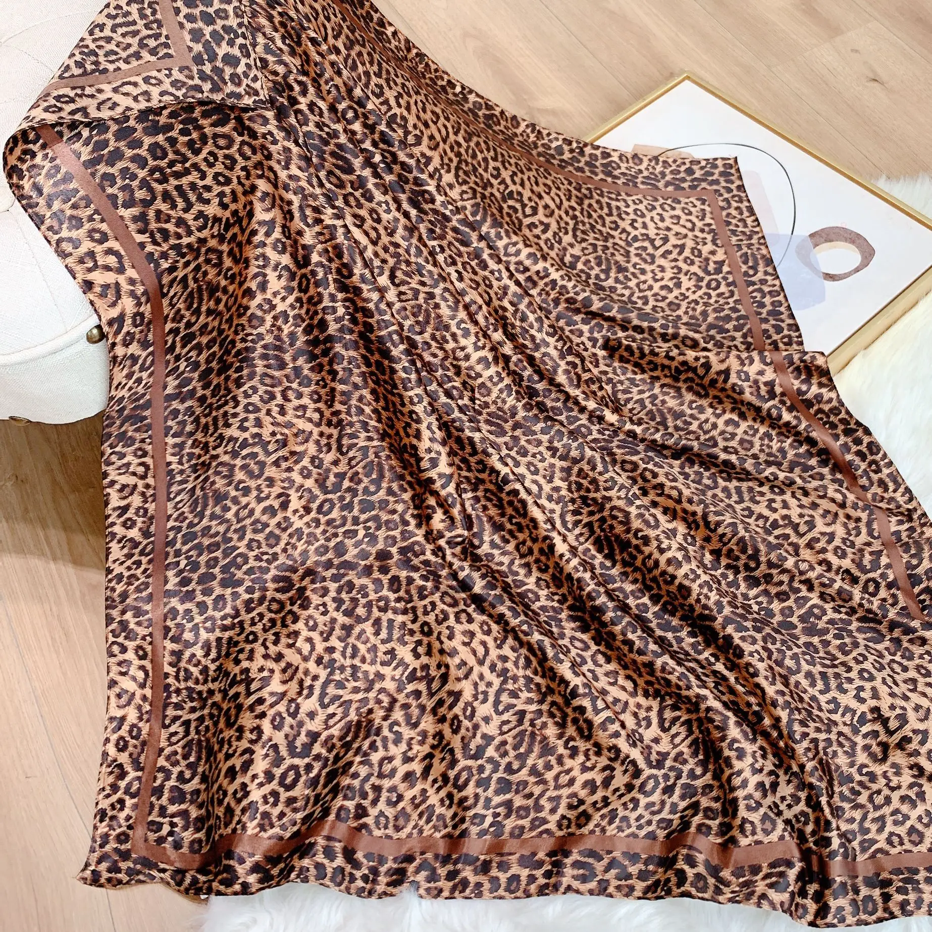 Summer Scarf Square Silk Leopard Print Neck Foulard Hair Band Large Hijab Scarves Women Bandana Shawl Wraps Spring New 2022