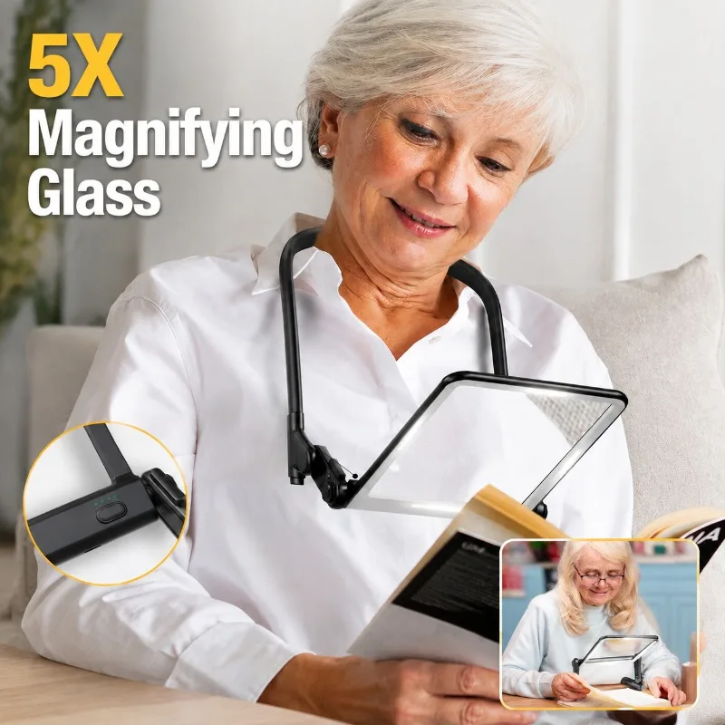 5X Magnifying Glass with Light Rechargeable Handheld Desk Clamp Neck Hanging Reading Lamp for Seniors Repair Tool, 2 in 1 LED