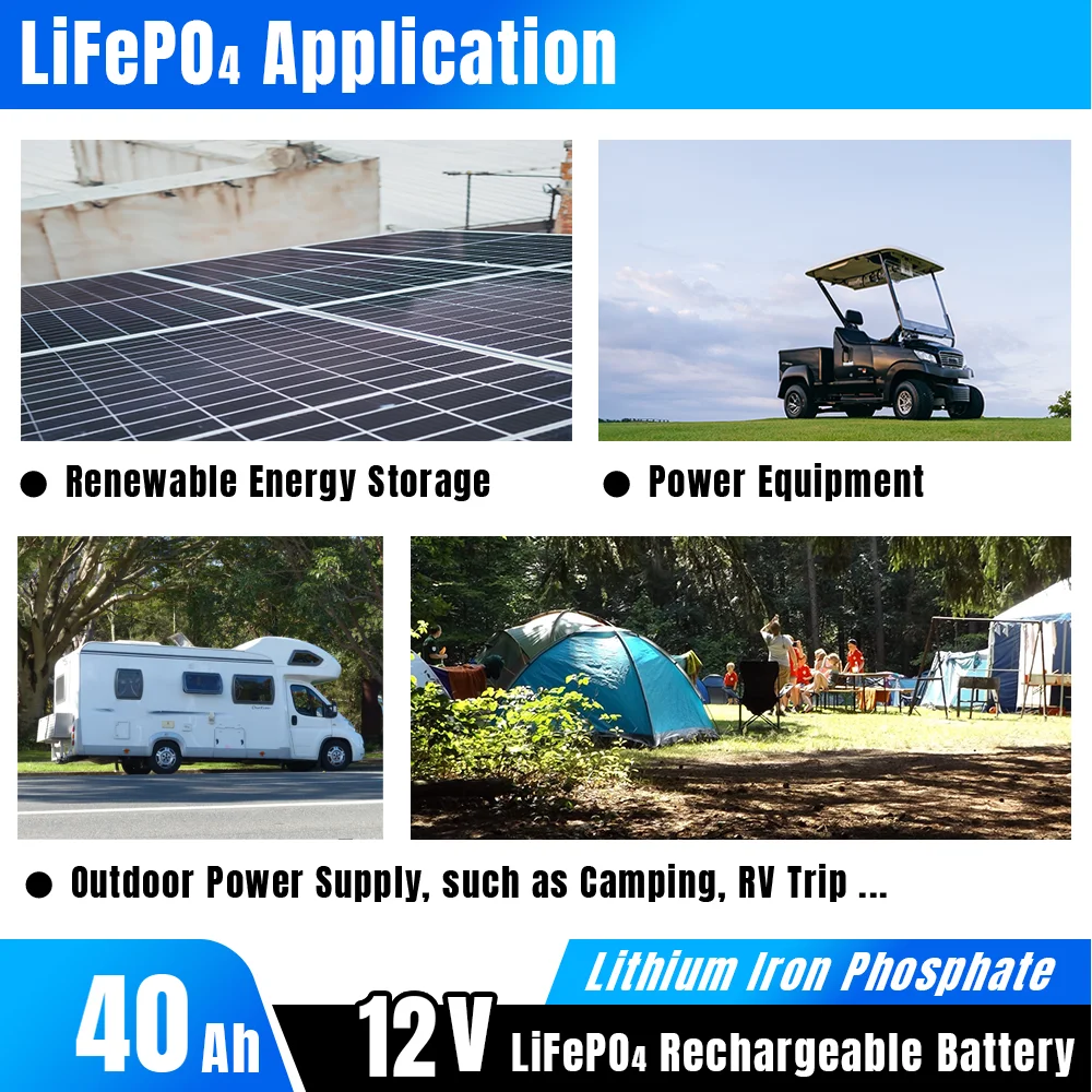 12V 40Ah Lifepo4 Battery Pack Built-in BMS Deep Cycle for Outdoor Campers 12V Power Supply +Charger