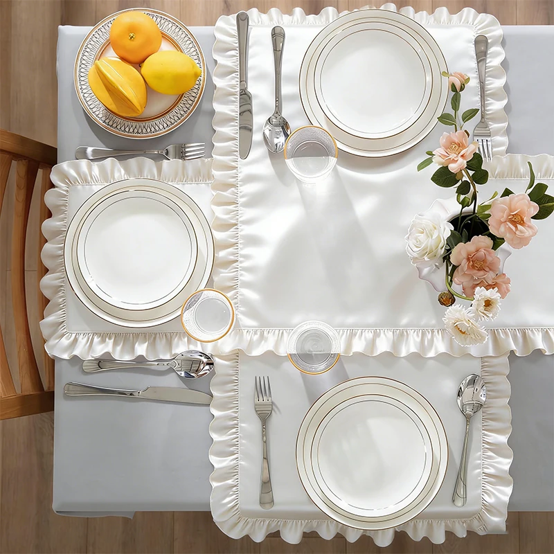 Satin Ruffles Table Runner Silky Fabric Napkins Rustic Wedding Table Decorations for Bridal Baby Shower Party Home Kitchen Decor