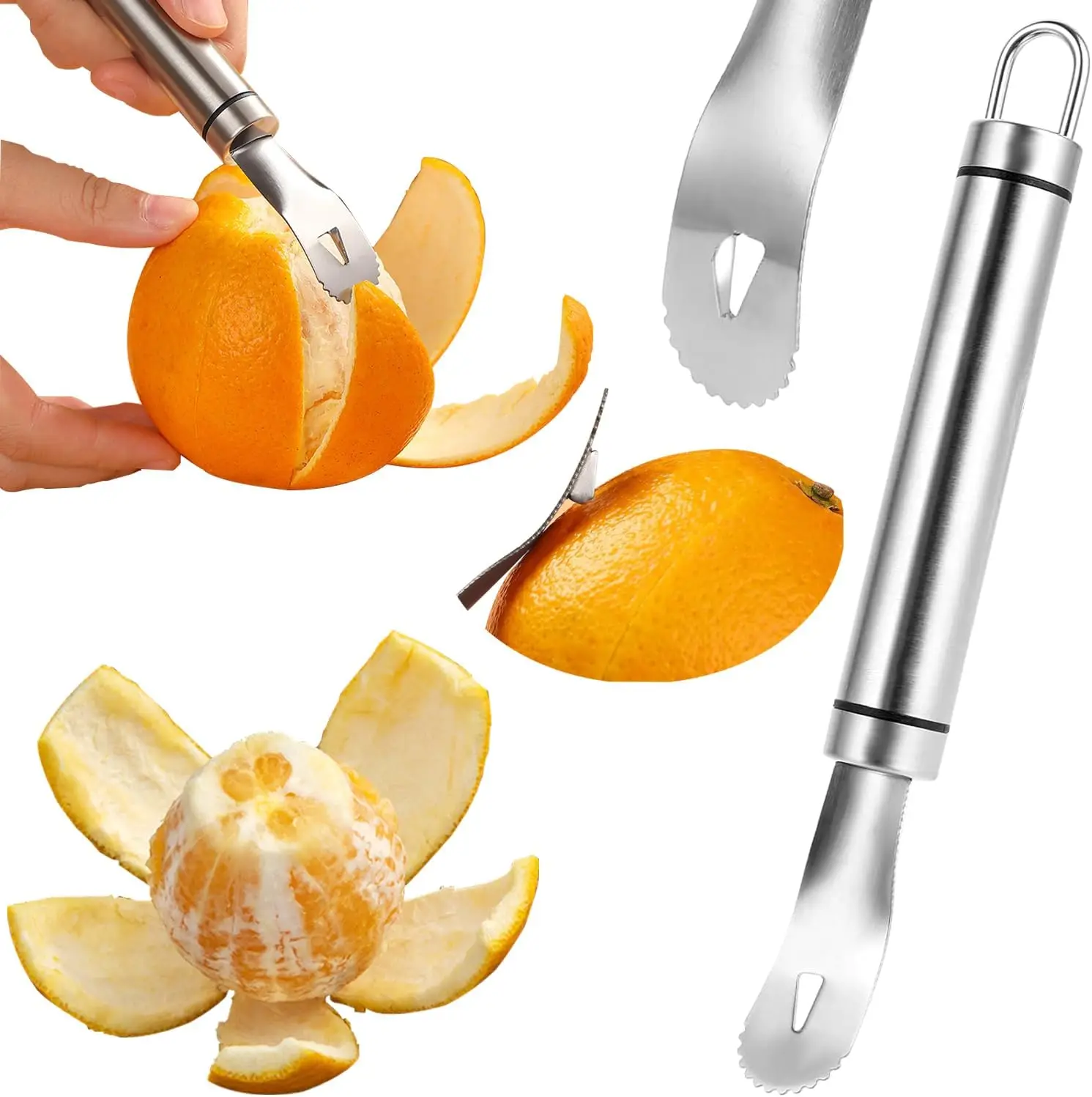 Pelador de Naranjas de Acero Inoxidable - Herramienta para Pelar Cítricos Fácil de Usar con Pala Triangular y Dentada, Utensilio de Cocina con Mango Largo