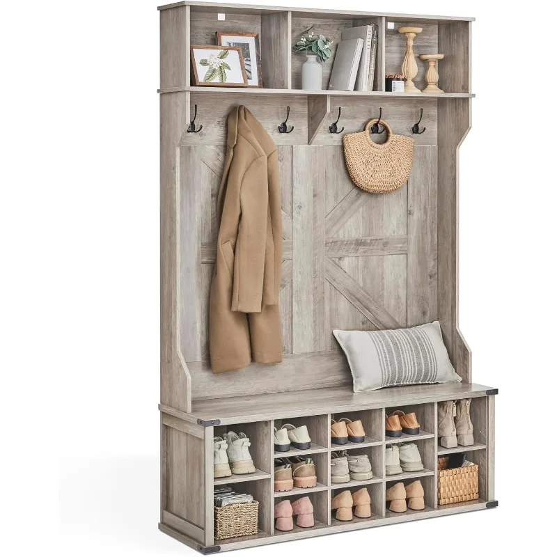 Hall Tree with Bench and Shoe Storage, Coat Rack with Shoe Bench, Entryway Furniture, 16 Open Compartments, 6 Tri-Hooks