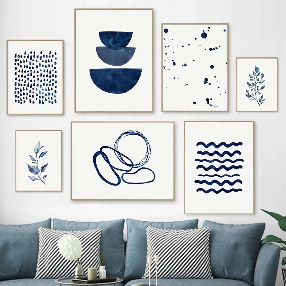 Frameless canvas paintings,Boho Blue Abstract Modern Wall Art Print Sun Geometric Line Leaves Canvas Painting Nordic Posters Dec