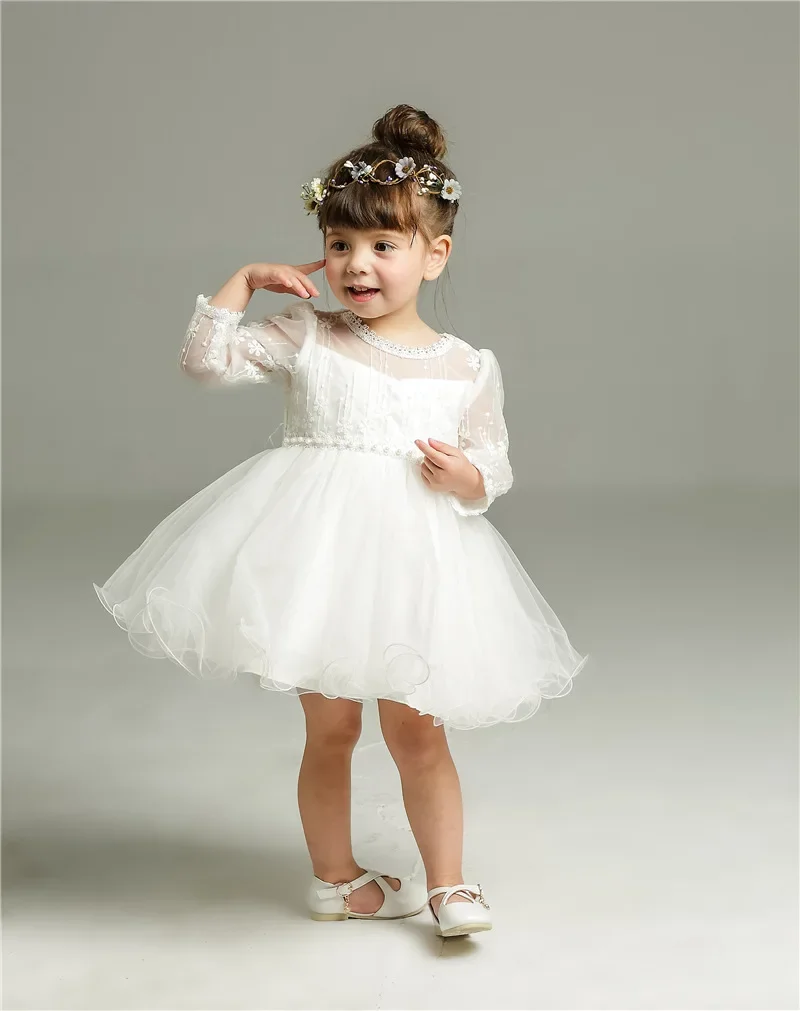 0-24 Months Long Sleeve Baby Girl Dress Infant Toddler Birthday Party Dresses Little Girls White Wedding Baptism Dress 8515