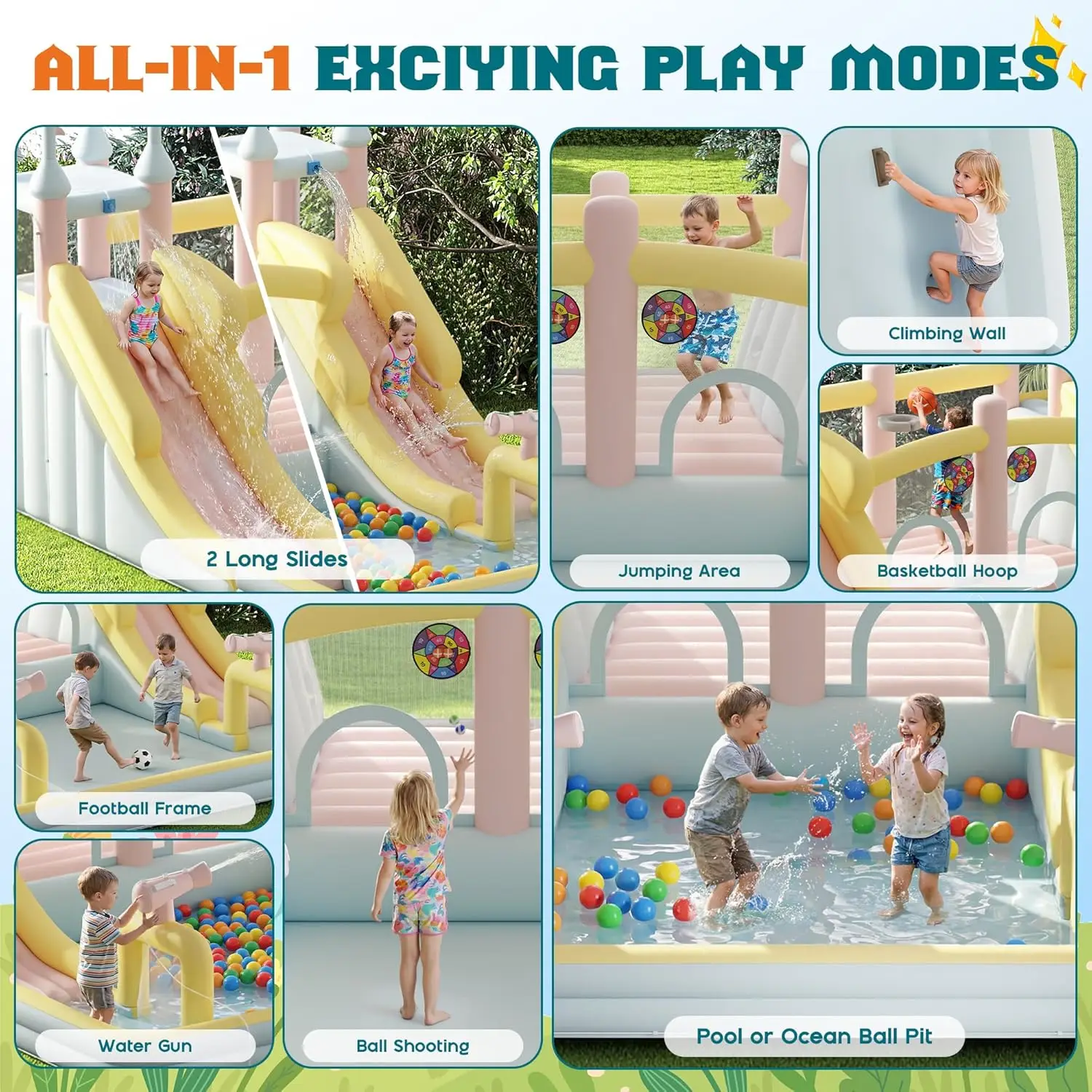 Inflatable Bounce House 177x163x94 Inch Outdoor Indoor Jumper with Water Slide Jumping Area Climbing Wall And Splash Pool view 6