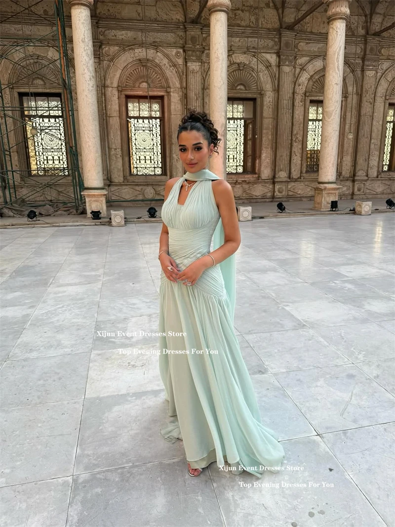 Suknie wieczorowe Xijun z szyfonu w kolorze miętowym, fason A-line, z szalem, dekolt w serek, formalne suknie balowe, plisowane, długie suknie balowe w stylu arabskim saudyjskim, szyte na miarę.