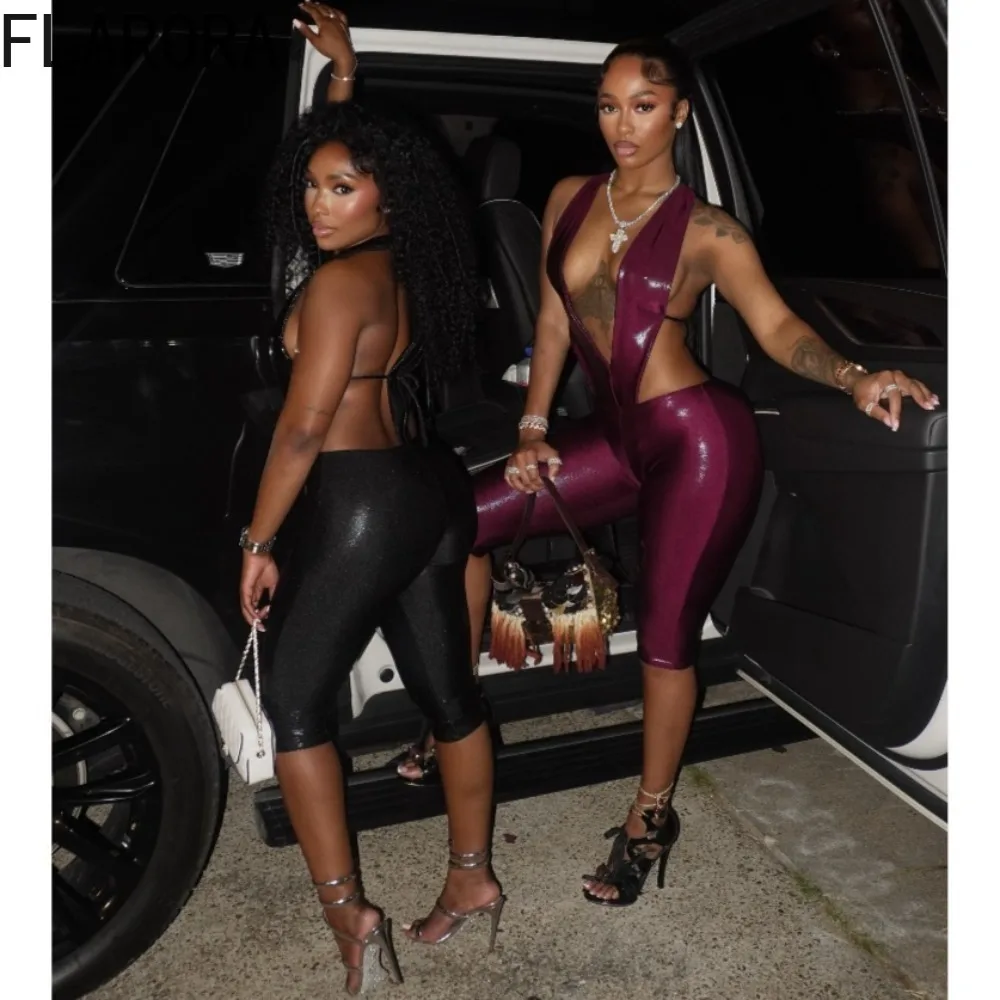 FLARORA Sexy Hollow Out 2 Piece Sets Woman Halter Backless Sleeveless Bodysuits And Bike Shorts Outfits Midnight Party Clubwear