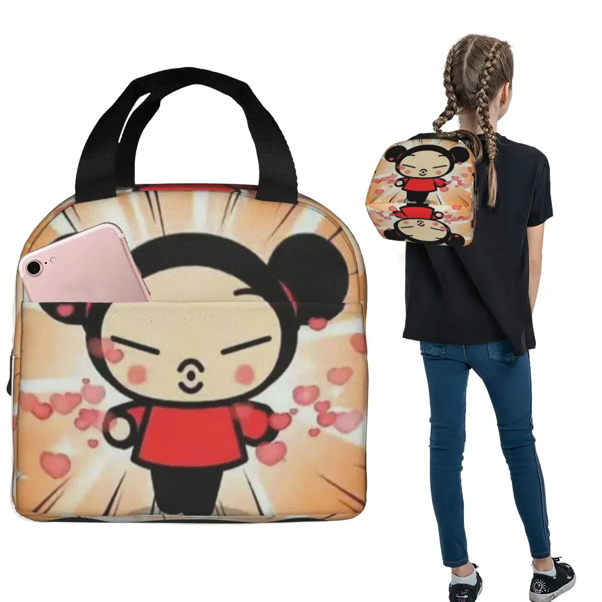 

Сумки для обеда с героями мультфильмов Pucca, изолированная коробка для бенто, портативная сумка для обеда, многоразовая термосумка-холодильник для женщин и девочек, путешествия