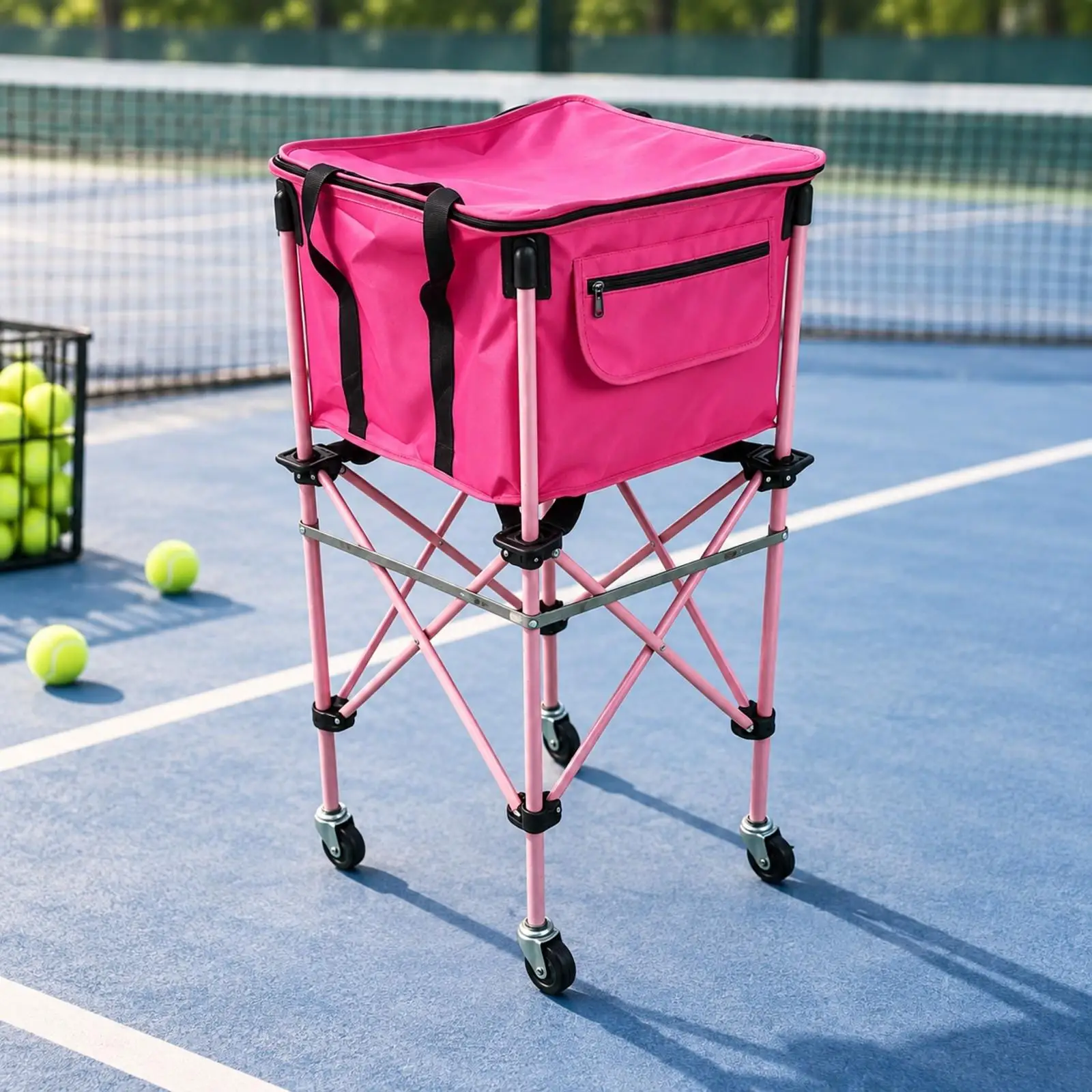 Portable Tennis Equipment Trolley for Balls Rackets and Accessories Easy Fold Canvas Cart with Smooth Glide Wheels for Practice