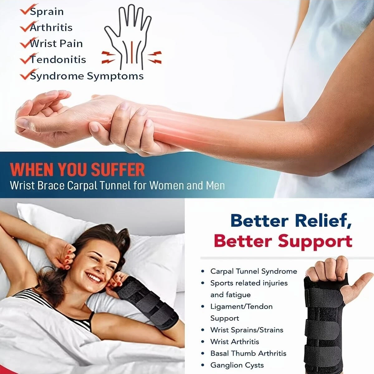 Carpal Tunnel Wrist Brace Support: Removable Metal Splint, Three Adjustable Straps for Tendonitis, Sports Injuries & Pain Relief