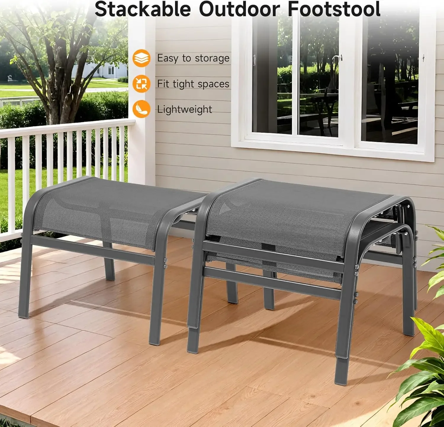 Outdoor Ottoman Set of 2, All Weather Foot Stool with Supportive Textliene and Metal Frame, Stackable Oversized Foot Rest