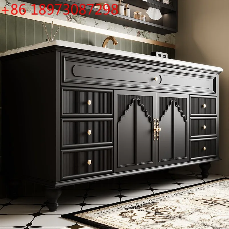 

Французский ретро-дубовый шкаф для ванной комнаты, комбинированный керамический встроенный умывальник для ванной комнаты