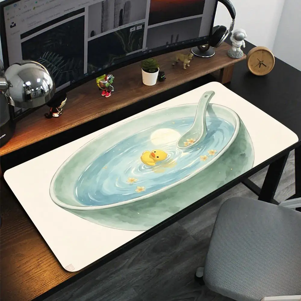 Minimal Pastel Art Desk Pad Tiny Rubber Duck Bowl Water Ripple Osmanthus Petal Warm Gentle Scene Mousepad Study Work Accessory