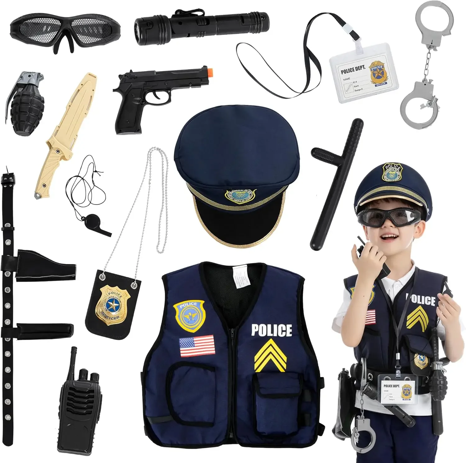JOYFY, set da 14 pezzi per giochi di ruolo a tema poliziotto, composto da cappello e uniforme, ideale per feste in maschera a tema Halloween, costume da poliziotto, giochi di ruolo.