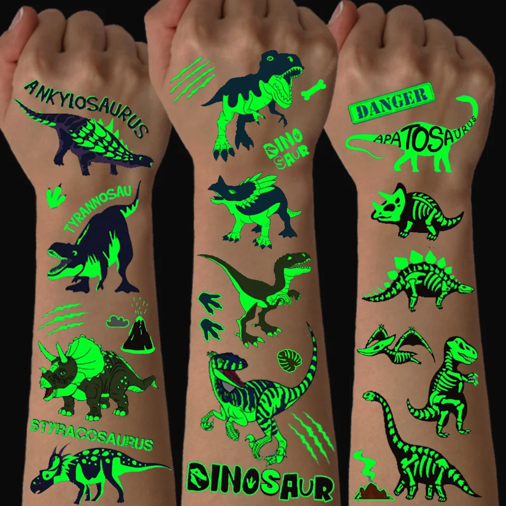 10sheets Glow-in-the-Dark Dinosaur Temporary Tattoos - Waterproof, Luminous Easy Apply Stickers for Birthday Parties & Gifts - F