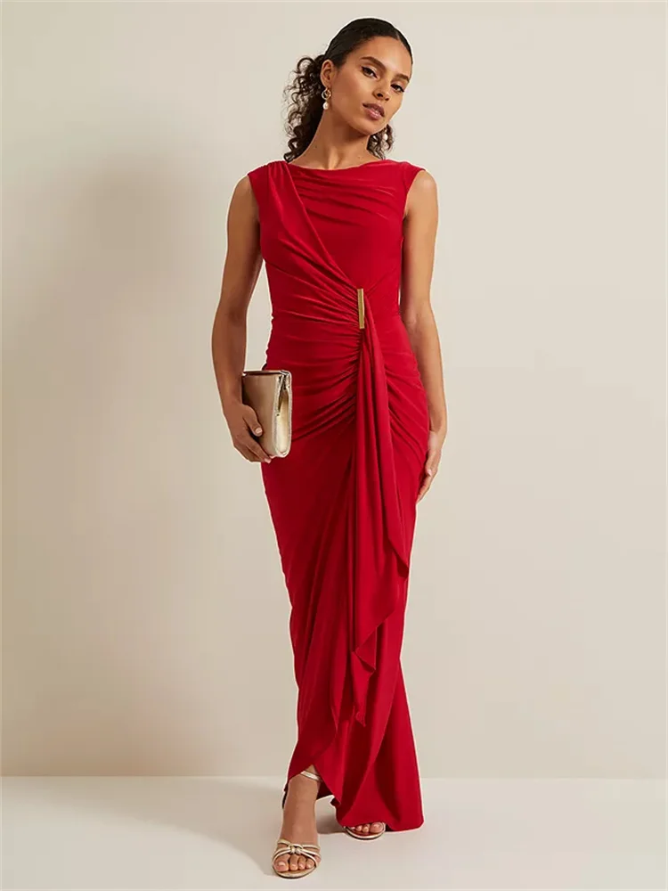 Hot Selling Round Neckline With Ruffle Sleeveless Satin Sheath Evening Dress Sexy Open Back Zipper Floor Length Gown For Women