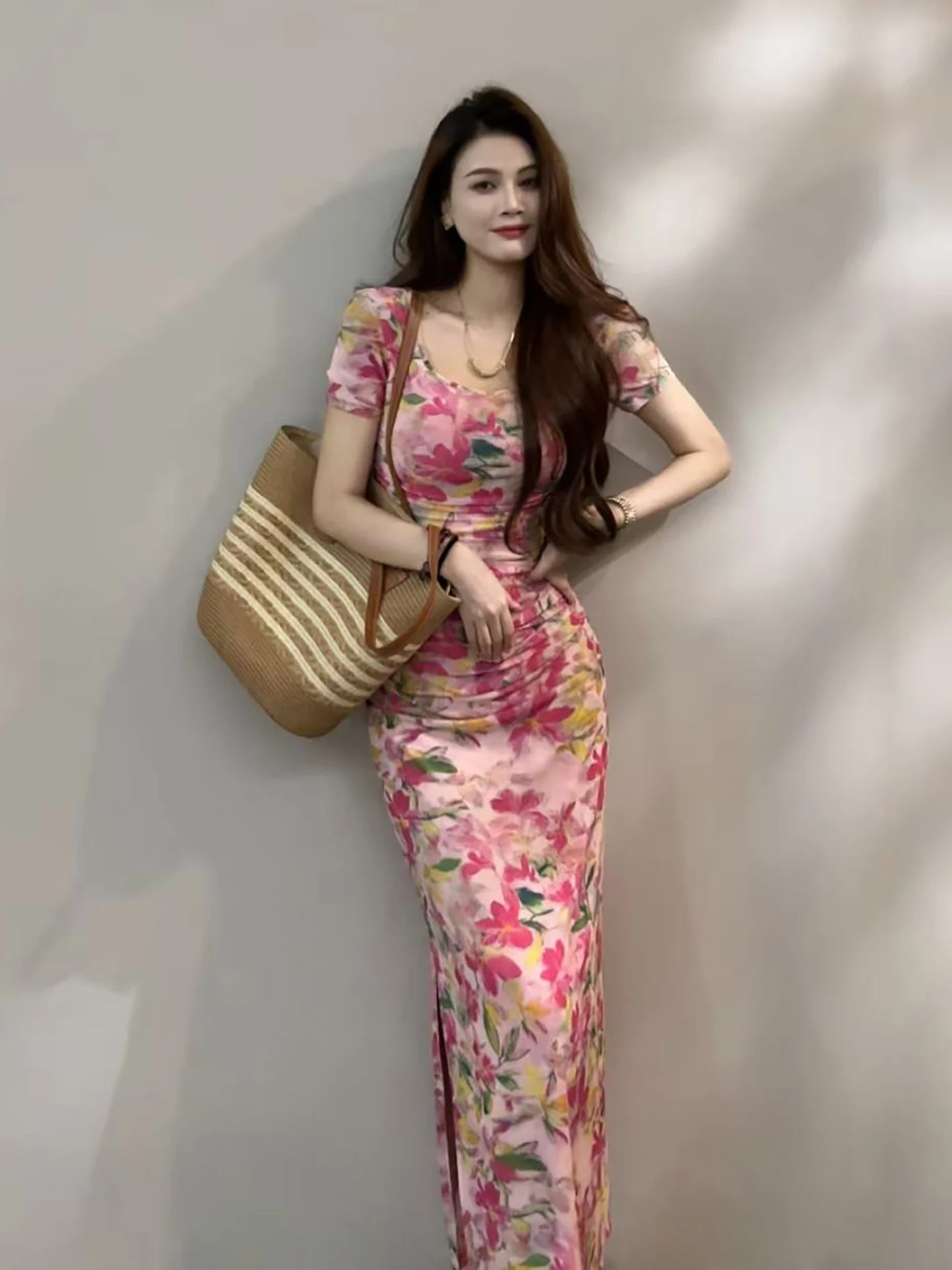 Summer New Floral Pleated Waist Cinching Slimming Short Sleeve Slit Dress French Style Polyester Spandex Straight Cut Casual ...