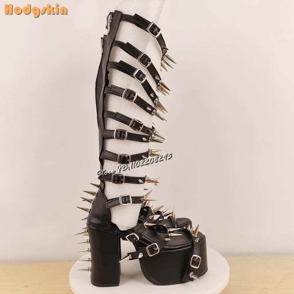 Sexy Spikes Knee-high Sandals Round Toe Rivet Straps Platform High Chunky Heels Side Zipper 2025 Summer Women Fashion Punk Shoes