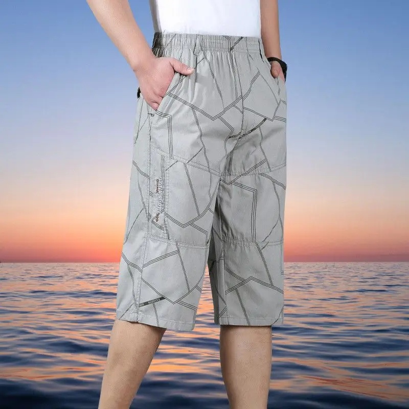 

Men's Summer Cotton Cargo Shorts Elastic Waist Geometric Print Loose Fit Knee Length Casual Pants