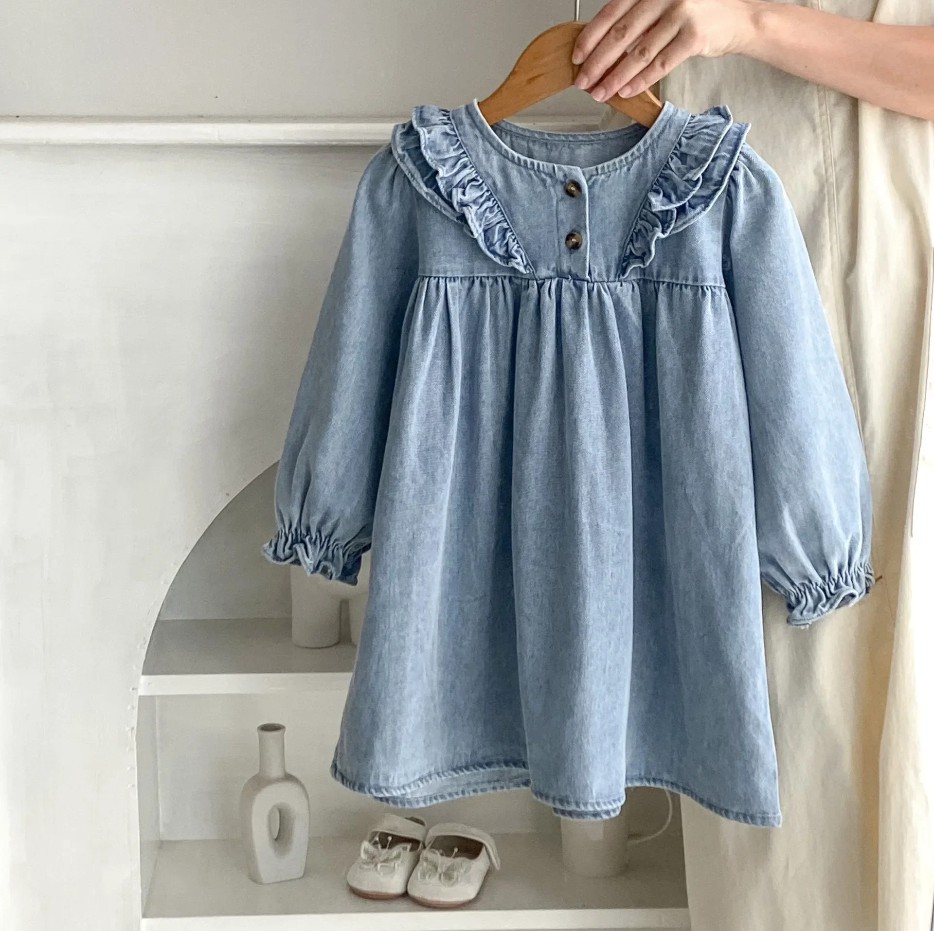 Girls Denim Dress 2024 Autumn New Toddlers Baby Girls Long Sleeve Lace Denim Rompers