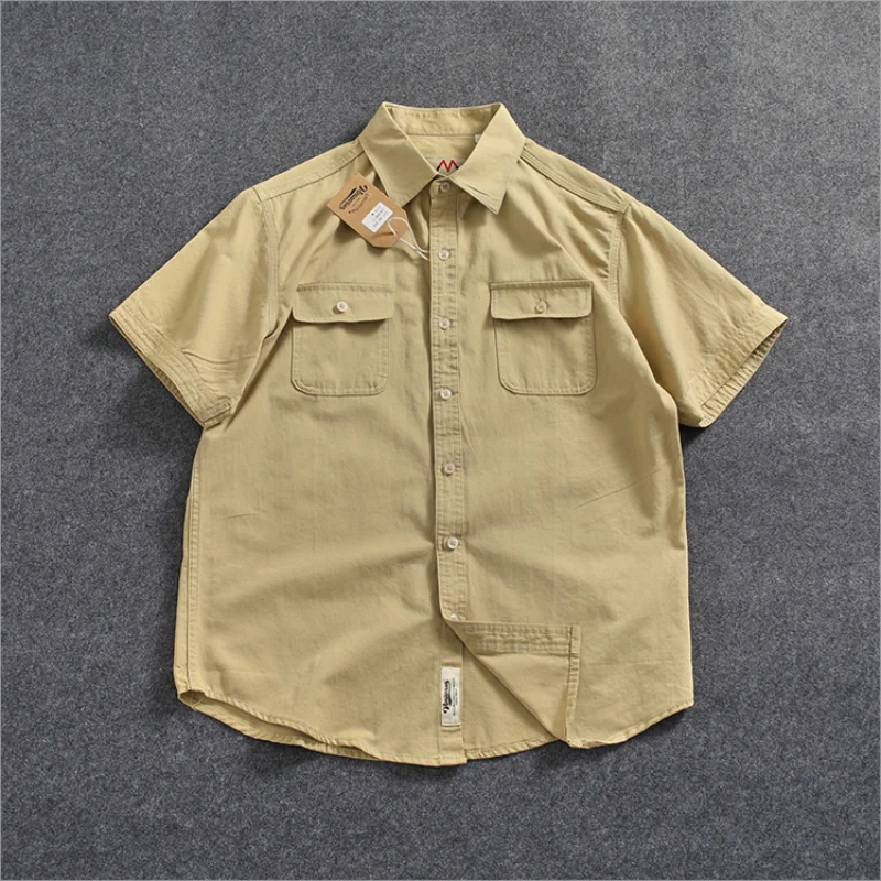 Casual cargo short-sleeved shirt for men retro cotton summer new top slim straight tube pocket shirt tide