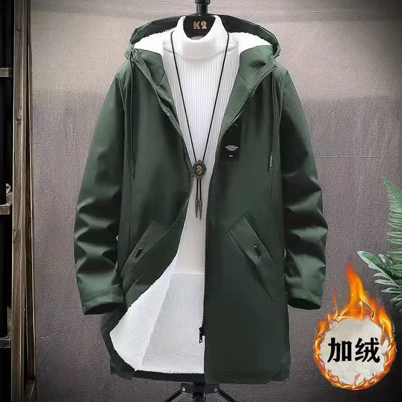 2023 Autumn and Winter New Fashion Trend Long Plus Fleece Trench Coat Men\'s Casual Loose Comfortable Thick Warm Large Size Coat