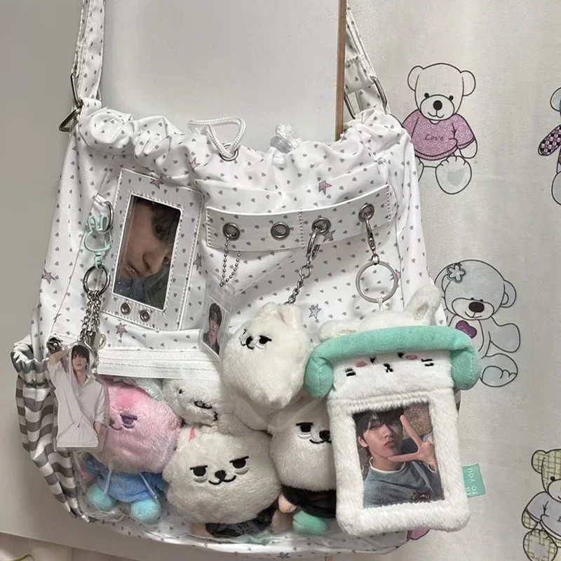 Harajuku Ita Bag,Polka Dot Drawstring Backpack,DIY Transparent Layer Shoulder Tote,Cute Anime Crossbody Purse for Daily Commute view 3