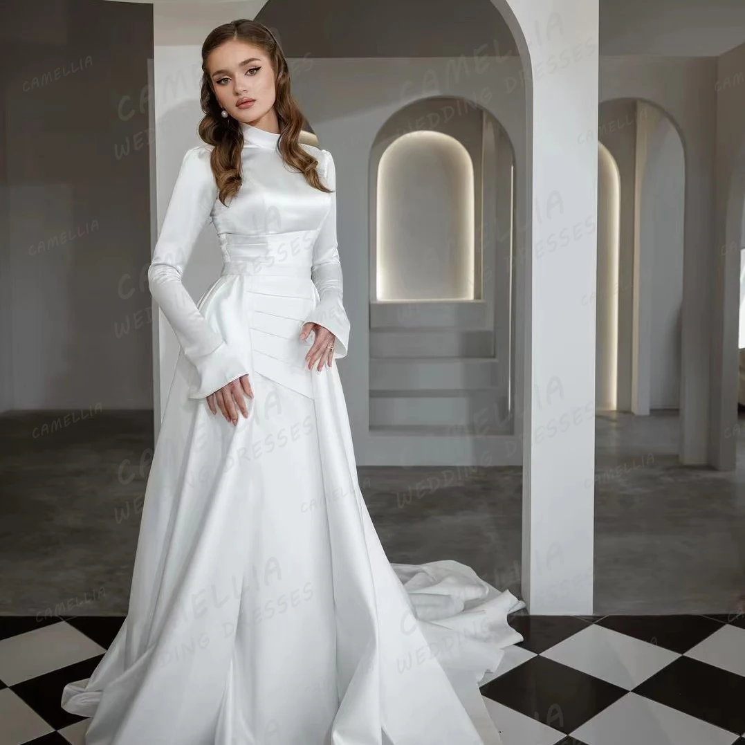 Semplice treno staccabile abiti da sposa sirena musulmana Sexy raso abiti da sposa da donna collo alto manica lunga formale Vestido 2024