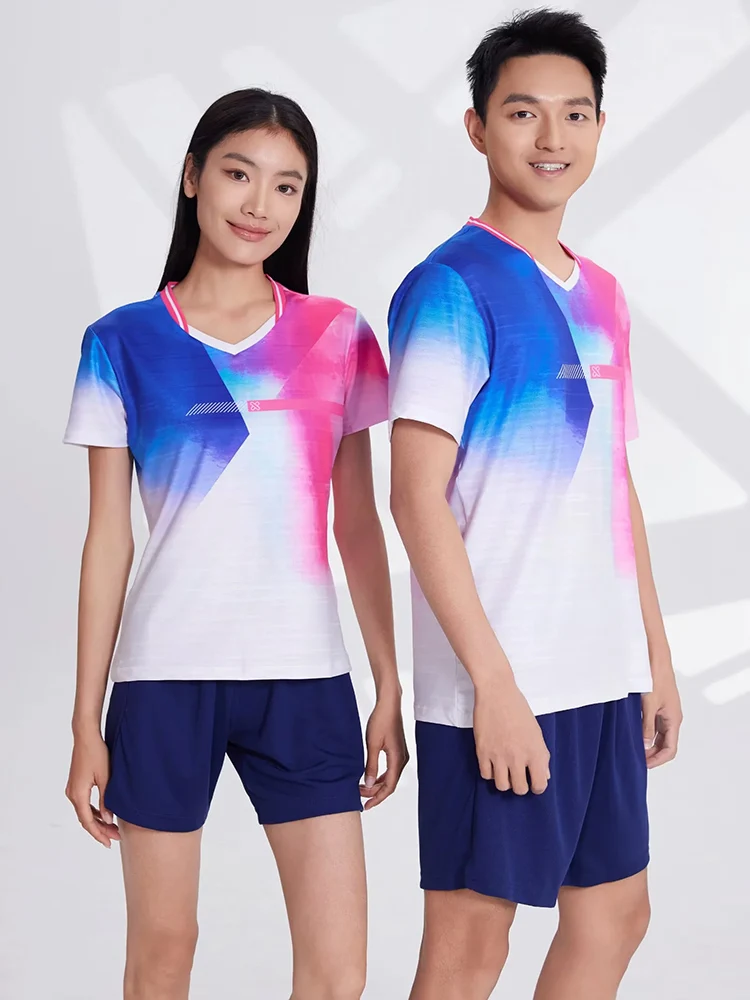 Maillot de Tennis de Table à col en V pour hommes et femmes, T-shirt de sport à séchage rapide, respirant, à manches courtes, chemise de Ping-Pong, volley