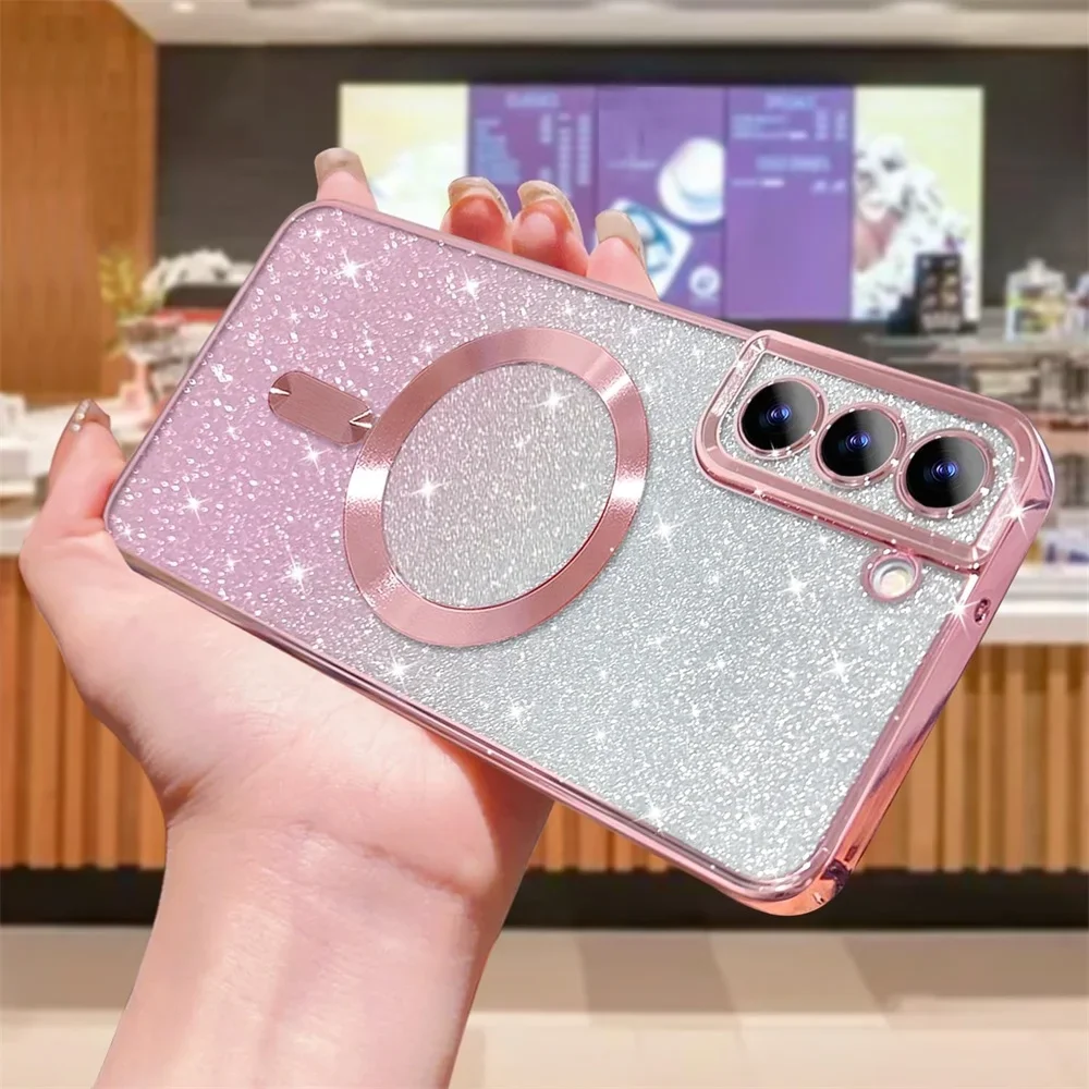 Glitter Bright Cover For Samsung Galaxy S25 S24 S23 S22 S21 S20 Plus FE  Note20 Ultra Case Plating Wireless MagSafe Magnetic