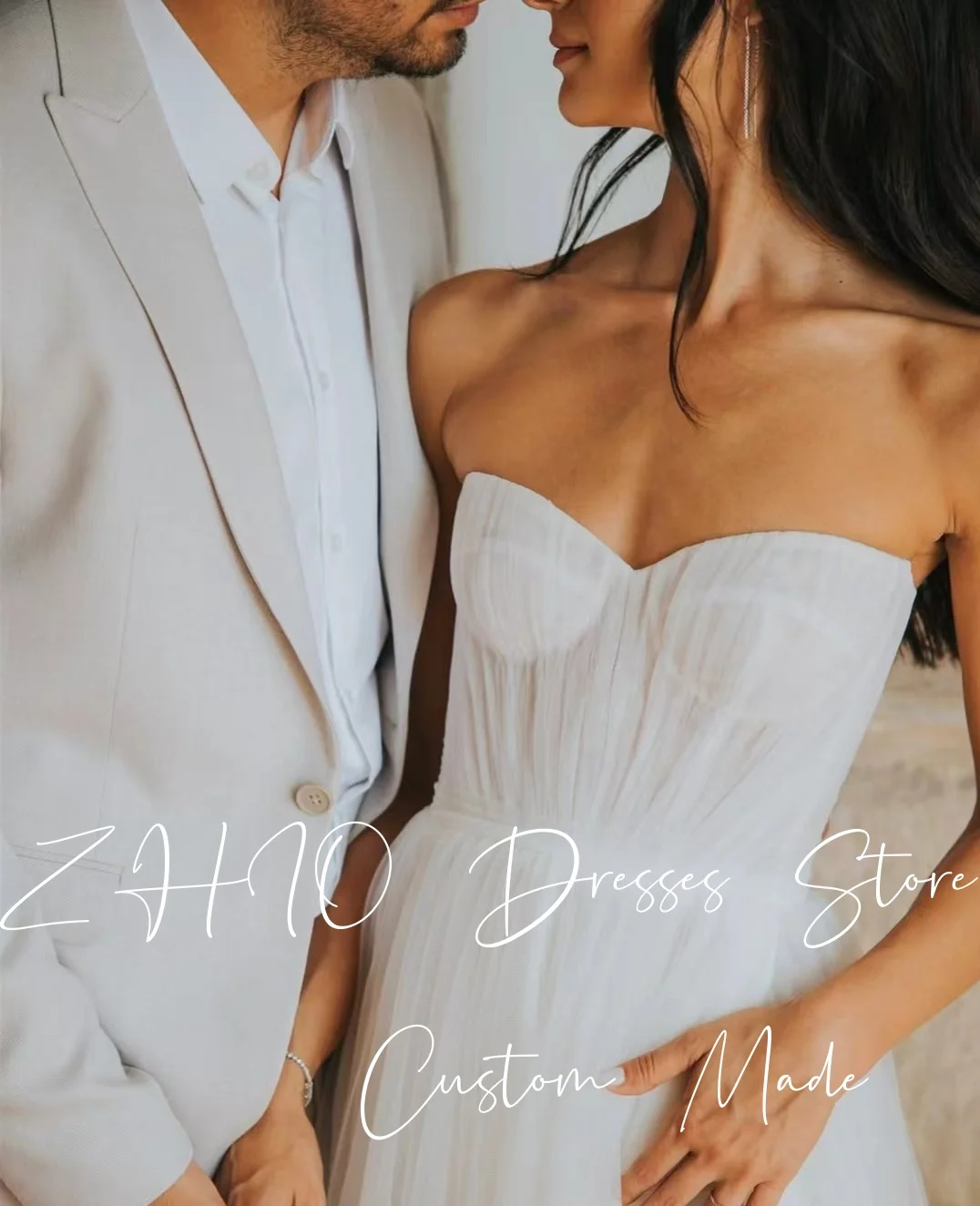 ZHIO ชุดเจ้าหญิงงานแต่งงานที่ไม่มีสายหนัง A-Line ความยาวชั้นด้านข้างสีขาว Tulle ชุดเจ้าสาวที่กําหนดเองง่าย Robe De Mariée