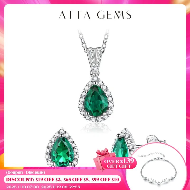 

ATTAGEMS Lab Grown Pear Emerald Gemstone Jewelry Set for Women Stud Earrings Necklace Pendant S925 Sterling Silver for Wedding
