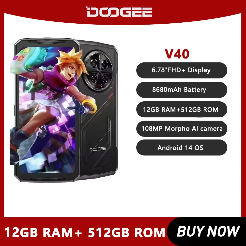 DOOGEE V40 Rugged Phone 6.78 Inch FHD 120Hz Display 12GB 512GB Gaming 5G Smartphone Android 14 8680mAh 108MP Al Camera NFC