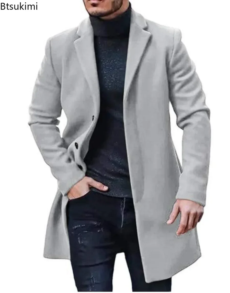 Neue 2025 Herbst Winter männer Lange-sleeve Revers einreiher Jacke Woolen Feste Taste Mäntel Beiläufige Lose männer Einfache Jacken