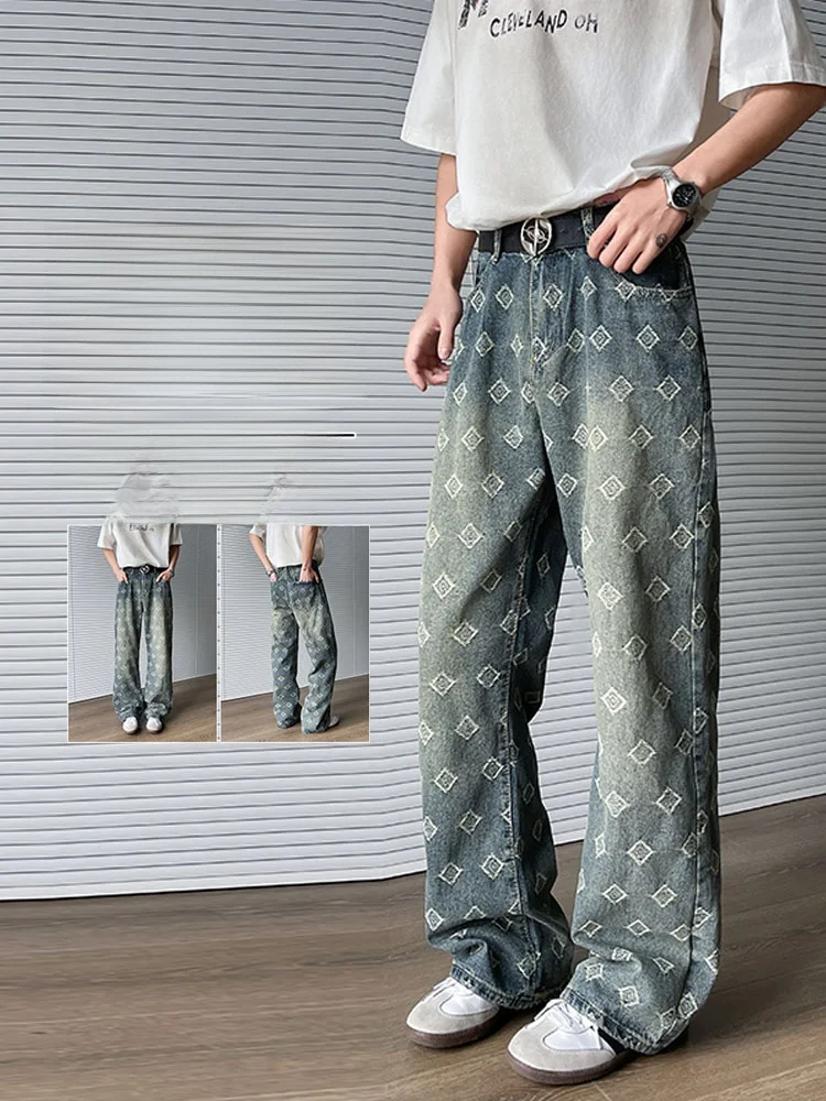 

Wassup Semar American Retro Diamond Pattern Embroidered Jeans Men's Loose High Street Cool Brand Bell Bottoms Summer Jeans