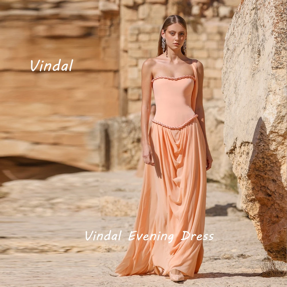 Vindal Floor length Strapless luxurious Fashion Sexy A-Line Ruffle Crepe Breast Padding Elegant Sleeveless السعود For Woman 2024