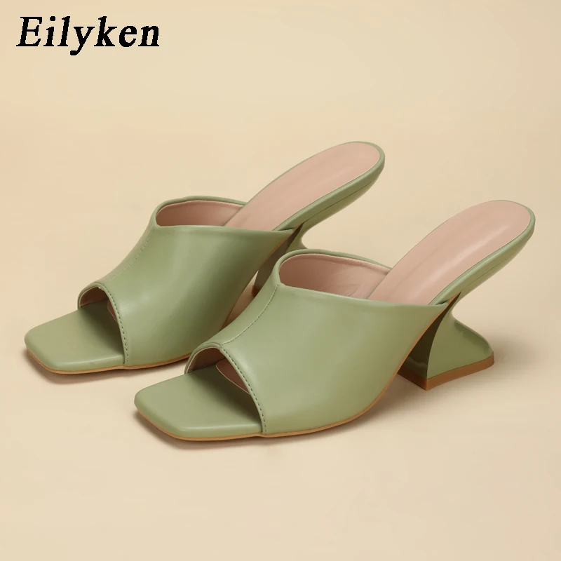 Eilyken Summer Women Shallow Square Toe  Slides Sweet Pink Green White Female Strange Low Heel  Slippers Mujer Shoes