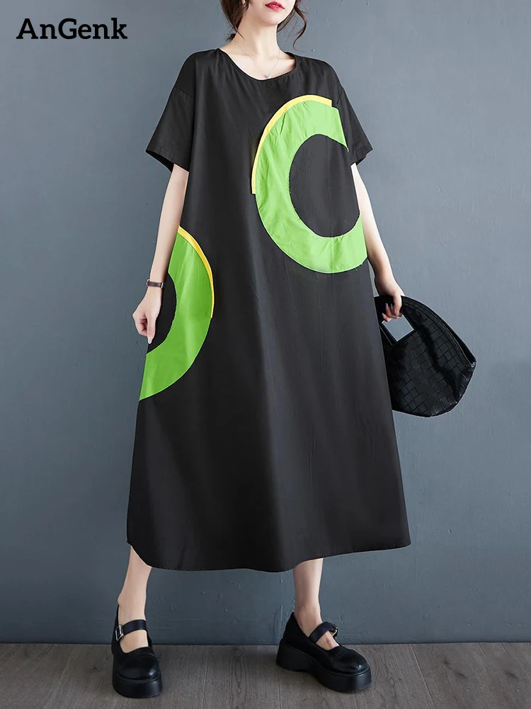 

2023 Summer New In Black Vintage Patchwork Dresses For Women Short Sleeve Loose Casual Long Dress Robe Fashion Elegant Clothing