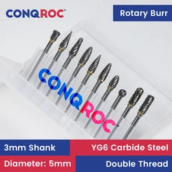 Rotary Burs Set 3mm Shank Diameter-5mm 10-Different-Type Tungsten Carbide Double Cut Milling Cutters for Dremel